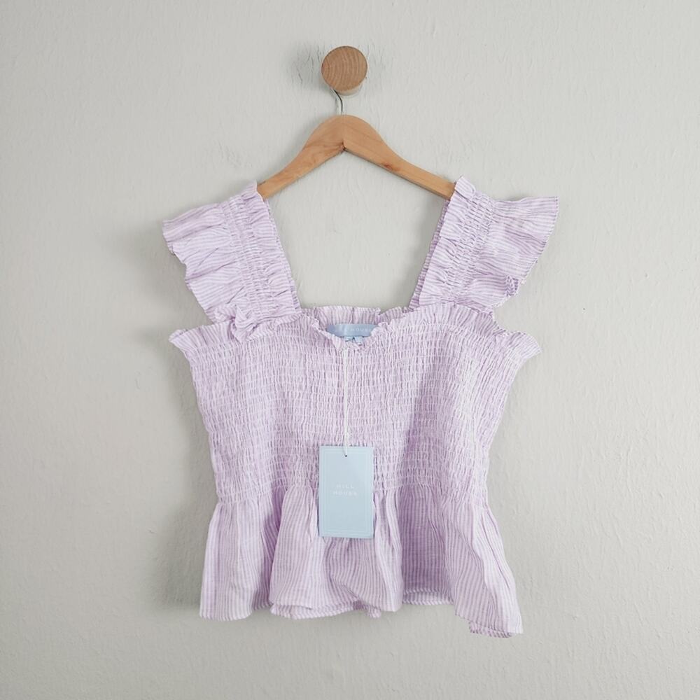 Hill House The Paz Nap Top Lilac Stripe Linen Smocked Peplum Ruffle XL NWT New